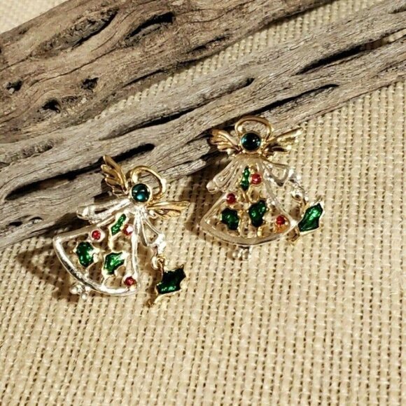 Christmas Angel Crystal and Enamel Stud Post Earrings Silver Gold Red Green - Picture 4 of 5